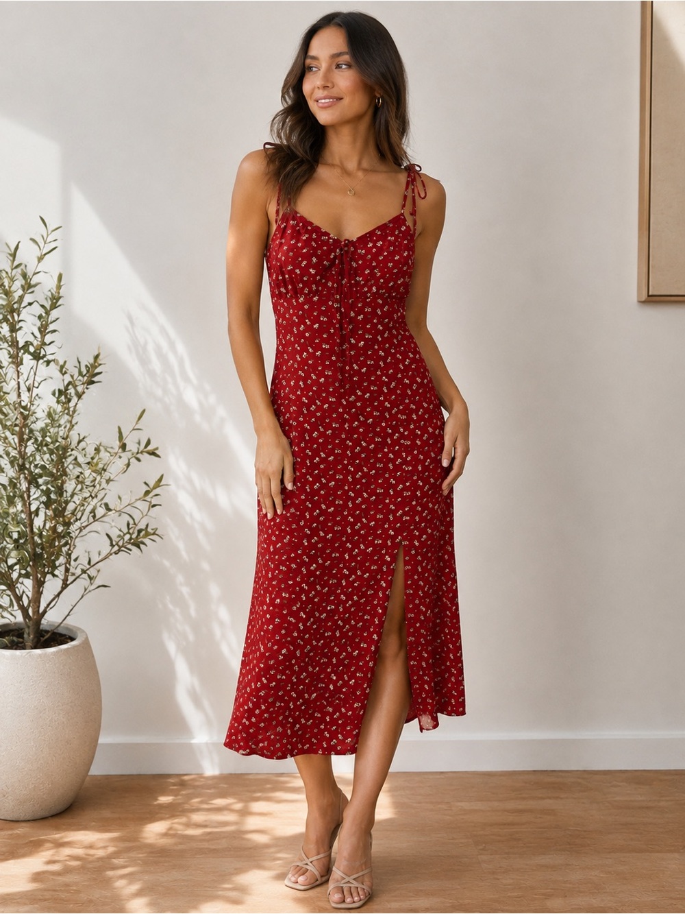 SHEIN Burgundy Floral Tie-Strap Midi Dress